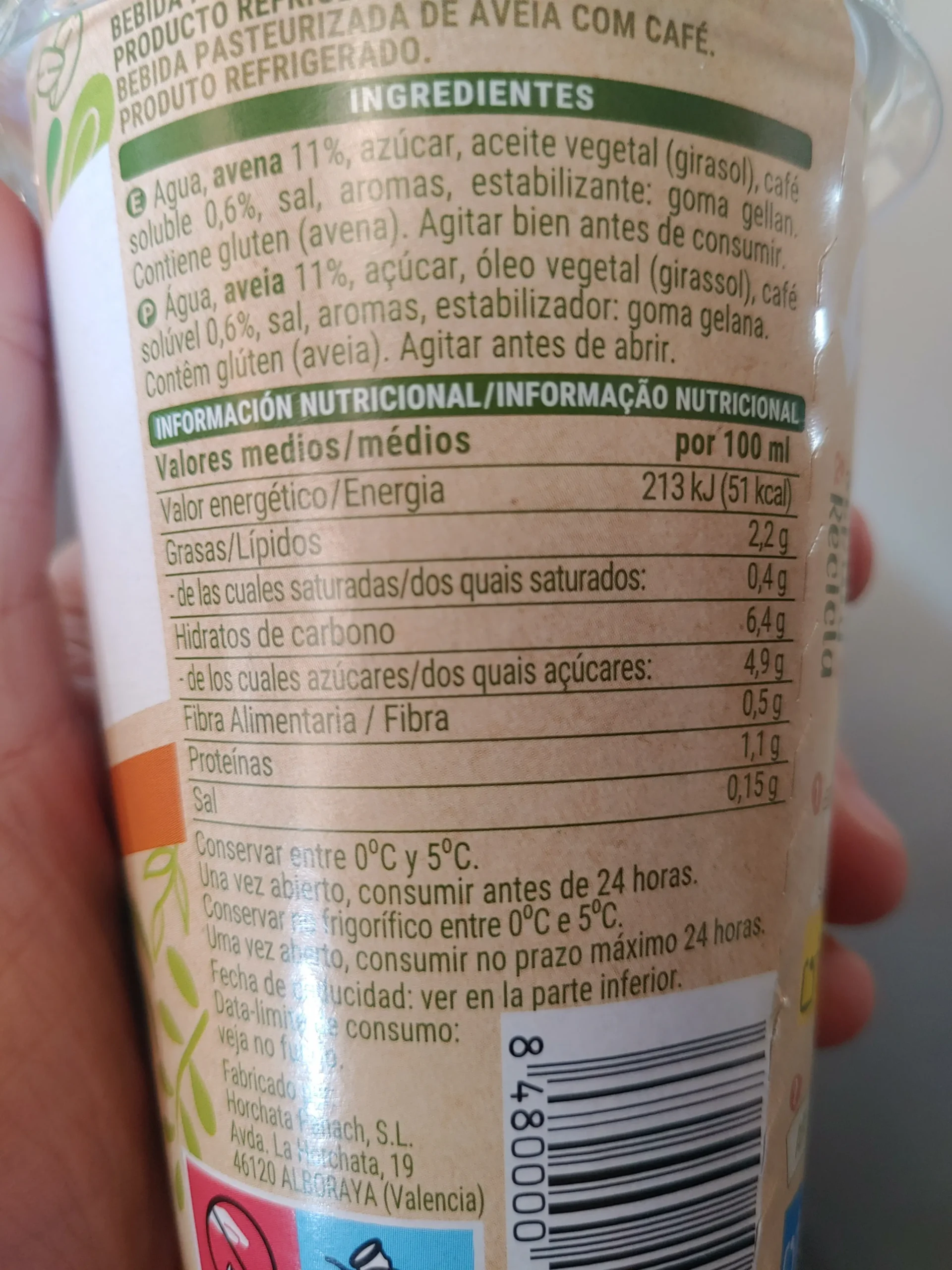 calorias cafe con leche de avena - Cuántas calorías tiene 100 ml de leche de avena